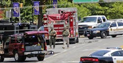 A sheriff's deputy was shot in the leg on June 6 at the Forsyth County Courthouse in Cumming, Ga. A sheriff's deputy was shot in the leg on June 6 at the Forsyth County Courthouse in Cumming, Ga.