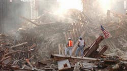 Rescue workers continue their efforts at the World Trade Center on Oct. 5, 2001.