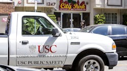 A USC Public Safety vehicle in front of the Los Angeles apartment building on July 25 in Los Angeles. A USC Public Safety vehicle in front of the Los Angeles apartment building on July 25 in Los Angeles.