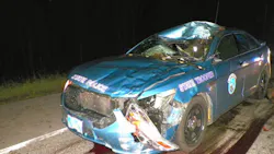 Trooper Dennis Quint hit a moose late Tuesday night as he responded to an earlier moose-vehicle collision in Cyr Plt. Trooper Dennis Quint hit a moose late Tuesday night as he responded to an earlier moose-vehicle collision in Cyr Plt.