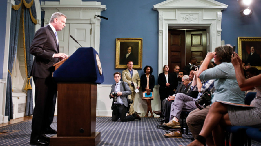 Mayor Bill de Blasio speaks during a news conference on July 28 at City Hall in New York.
