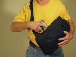 Drawing from the Concealed Carry Sling Bag is ergonomically easy and natural. Drawing from the Concealed Carry Sling Bag is ergonomically easy and natural.