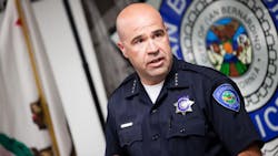 San Bernardino Police Chief Jarrod Burguan speaks at a press confernce announcing charges in the shooting of Officer Gabriel Garcia.