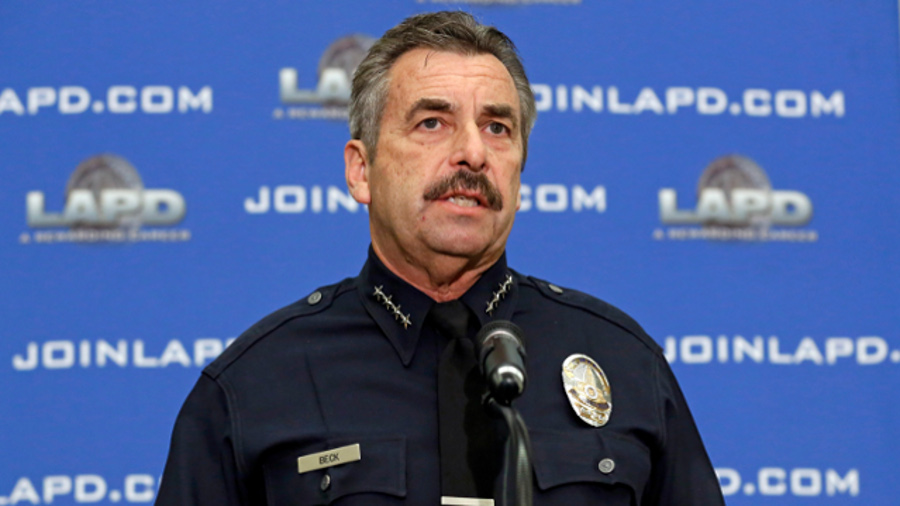 Los Angeles Police Chief Charlie Beck speaks at a news conference at LAPD headquarters.