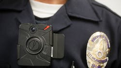 A Los Angeles Police officer wears an on-body camera during a demonstration for media in Los Angeles on Jan. 15.