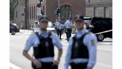 Police are seen outside Town Hall Square, Raadhuspladsen, in Copenhagen on Sept. 16.