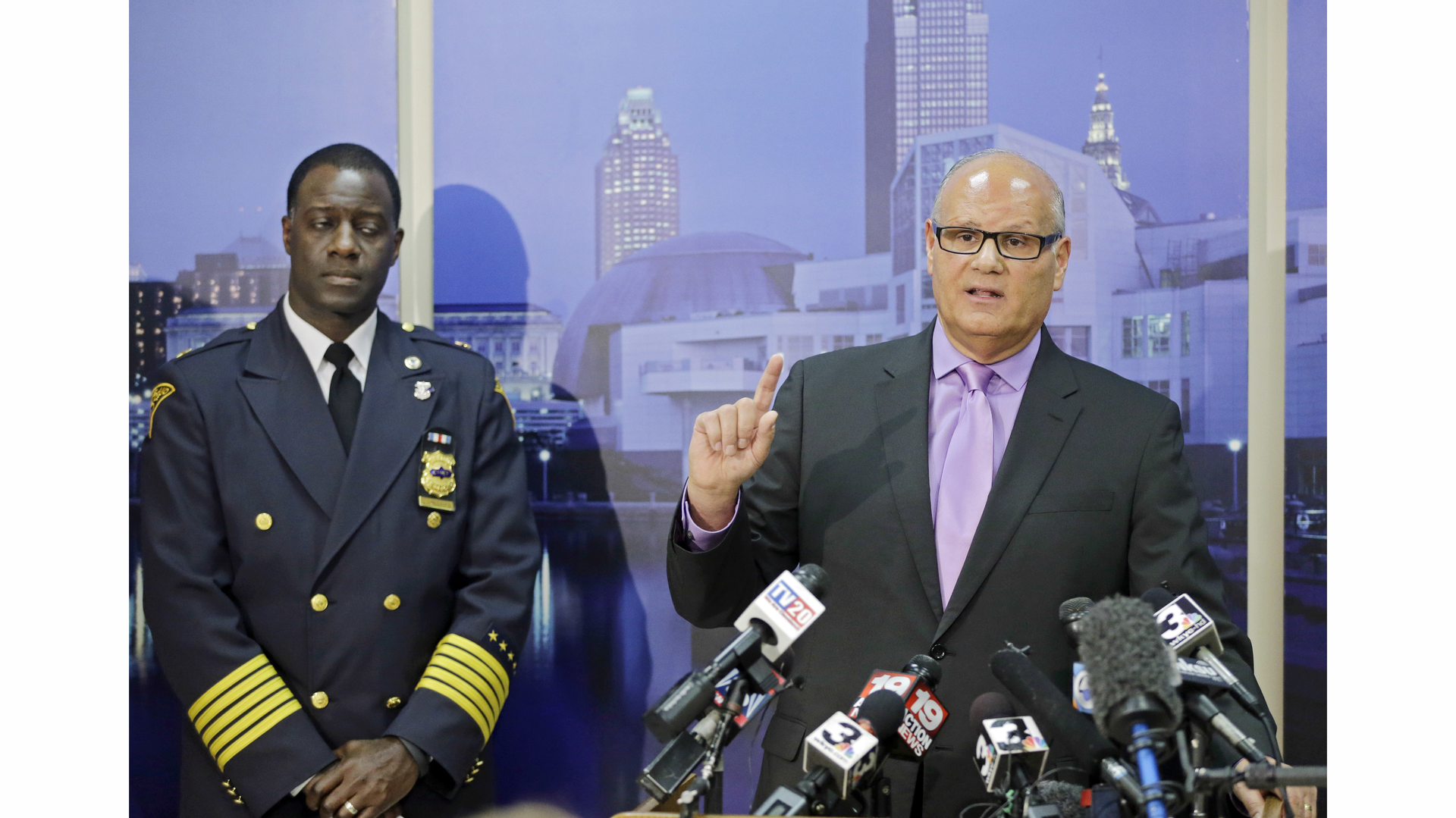 Cleveland police Deputy Chief Ed Tomba, right, and Chief Calvin Wiliams brief reporters on Nov. 24.