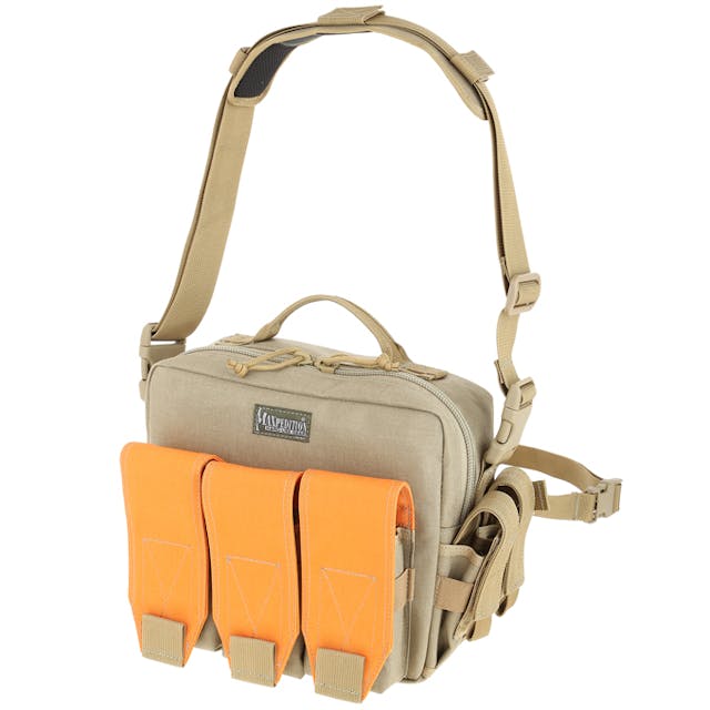 The hunter version of the Mag Bag Triple; blaze orange pouch covers for visibility.