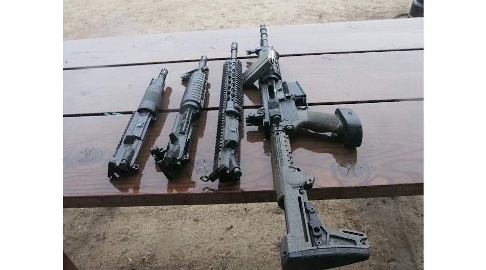We tested carbine lengths from 7.5 to 16 inches, supplied by Franklin Armory of Morgan Hill, Calif. The 7.5 inch upper, far left, is lightweight and highly maneuverable. There are plenty of reasons why an officer would rather have a shorter AR-15 upper. While the shorter barrels make the carbine pistol sized, they can out perform a pistol.
