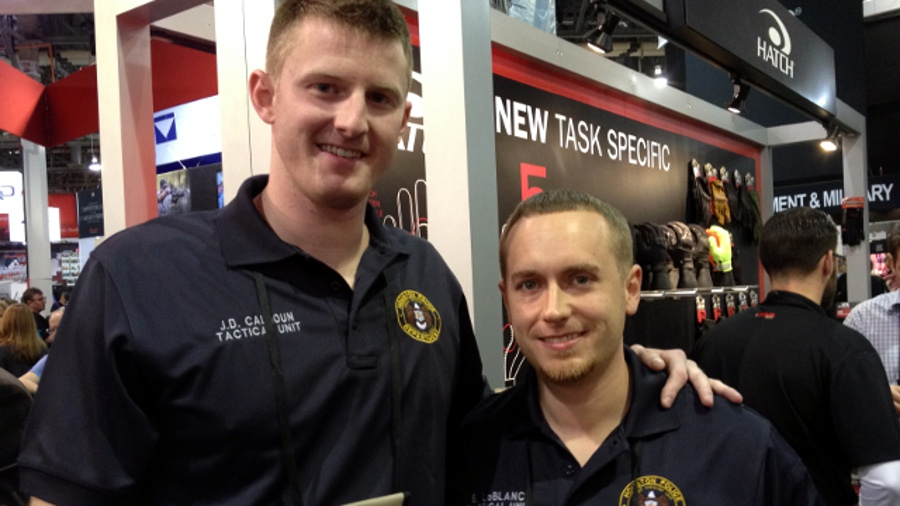 Houston Police Officer John 'J.D.' Calhoun, left, and Officer Ben LeBlanc are seen during the Safariland Group's SAVES Club induction ceremony at SHOT Show in Las Vegas on Jan. 21.