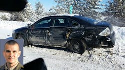 A tractor-trailer hit a Vermont State Police Trooper Darryl Cremo's unmarked cruiser from behind Tuesday. A tractor-trailer hit a Vermont State Police Trooper Darryl Cremo's unmarked cruiser from behind Tuesday.