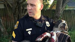 Sgt. R. Mills is seen holding a dog officers named Cabela who was found bloodied and tied to railroad tracks. Sgt. R. Mills is seen holding a dog officers named Cabela who was found bloodied and tied to railroad tracks.