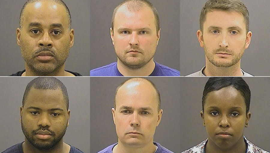 From left, Baltimore Police Officers Caesar R. Goodson Jr., Garrett E. Miller and Edward M. Nero, and bottom row from left, William G. Porter, Brian W. Rice and Alicia D. White