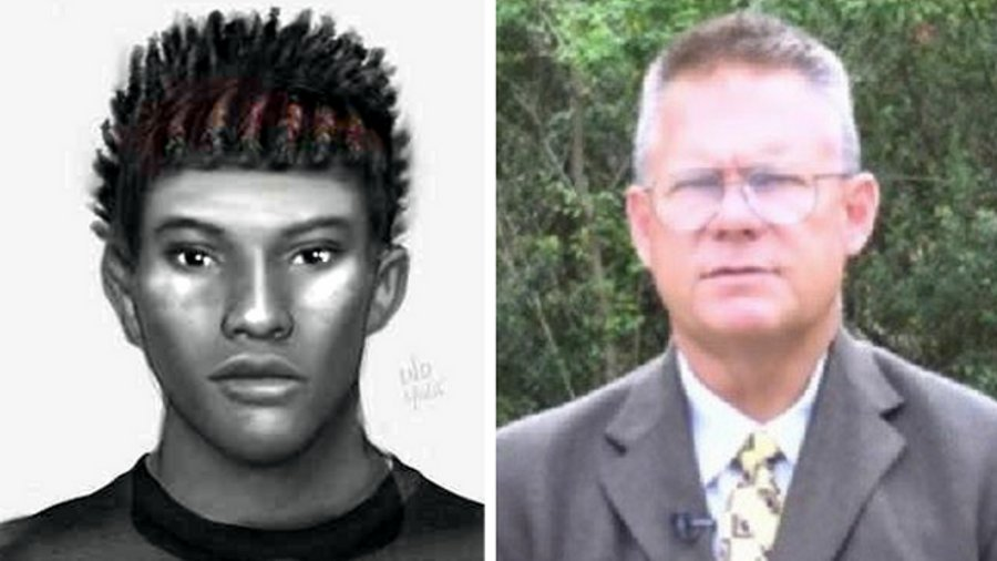 A sketch of the gunman suspected of shooting Berkeley County Lt. Will Rogers, on the right, is seen.
