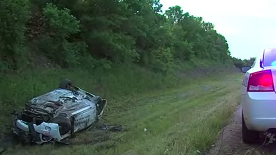 An Oologah officer was pursuing a vehicle when he was shot and his cruiser ran off the highway and rolled over.