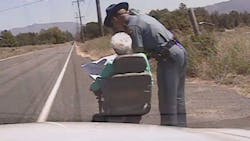 Trooper Dave Hintz spent more than an hour guiding an elderly woman on her scooter back to her home.