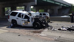 Trooper Jacob Raupp's SUV struck the rear of a 2001 International semi that was pulling an empty flatbed trailer. Trooper Jacob Raupp's SUV struck the rear of a 2001 International semi that was pulling an empty flatbed trailer.