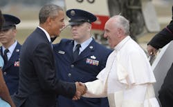 U.S. President Barack Obama greets His Holiness Pope Francis on his arrival at Joint Base Andrews in Maryland on Sept. 22. U.S. President Barack Obama greets His Holiness Pope Francis on his arrival at Joint Base Andrews in Maryland on Sept. 22.