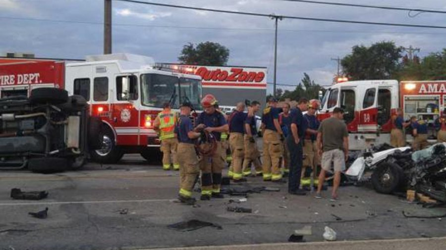 Amarillo Police Officer Justin Scherlen sustained life-threatening injuries to his legs, hips and back after his cruiser was struck head-on by a Jeep Wrangler Tuesday morning.