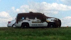Garvin County Sheriff's Deputy Carl Zink found himself trapped inside his cruiser Tuesday after it became covered by a swarm of bees. Garvin County Sheriff's Deputy Carl Zink found himself trapped inside his cruiser Tuesday after it became covered by a swarm of bees.