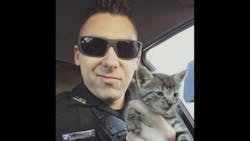 Officer Hodges of the Duson Police Department found the abandoned kitten while he was investigating a crime. Officer Hodges of the Duson Police Department found the abandoned kitten while he was investigating a crime.