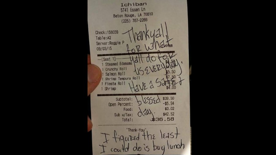 Three Baton Rouge police officers got a surprise when they reached for the check at the end of their meal.
