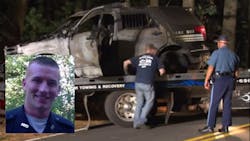 Millis Police Officer Bryan Johnson allegedly fabricated a story in which a gunman fired at his cruiser before it crashed into a tree and burst into flames. Millis Police Officer Bryan Johnson allegedly fabricated a story in which a gunman fired at his cruiser before it crashed into a tree and burst into flames.