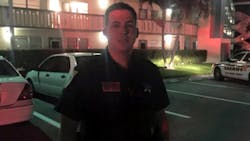 Palm Beach County Sheriff's Deputy Brandon Serraes carried the couple down two flights of stairs Saturday night. Palm Beach County Sheriff's Deputy Brandon Serraes carried the couple down two flights of stairs Saturday night.