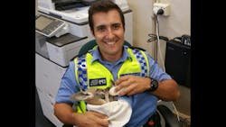 Video and photos of Constable Scott Manson caring for an orphaned baby kangaroo have gone viral. Video and photos of Constable Scott Manson caring for an orphaned baby kangaroo have gone viral.