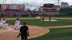 Prince William County Police Officers Jesse Hempen and David McKeown took the mound before the game against the Miami Marlins at Nationals Park as they were cheered on by the packed house. Prince William County Police Officers Jesse Hempen and David McKeown took the mound before the game against the Miami Marlins at Nationals Park as they were cheered on by the packed house.