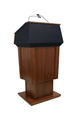 The versatile Patriot Height Adjustable Lectern from AmpliVox can be raised from 36” to up to 56” at the touch of a button, thanks to its silent electronic lift mechanism. The versatile Patriot Height Adjustable Lectern from AmpliVox can be raised from 36” to up to 56” at the touch of a button, thanks to its silent electronic lift mechanism.