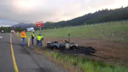 Washington State Patrol Trooper Darin Fehlhafer pulled a speeding driver from his burning vehicle after it crash while being pursued Thursday morning. Washington State Patrol Trooper Darin Fehlhafer pulled a speeding driver from his burning vehicle after it crash while being pursued Thursday morning.