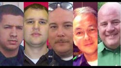 From left: Dallas Police Officers Patrick Zamarripa and Michael Krol, Dallas Area Rapid Transit Police Officer Brent Thompson, Dallas Police Sergeant Michael Smith and Senior Corporal Lorne Ahrens. From left: Dallas Police Officers Patrick Zamarripa and Michael Krol, Dallas Area Rapid Transit Police Officer Brent Thompson, Dallas Police Sergeant Michael Smith and Senior Corporal Lorne Ahrens.