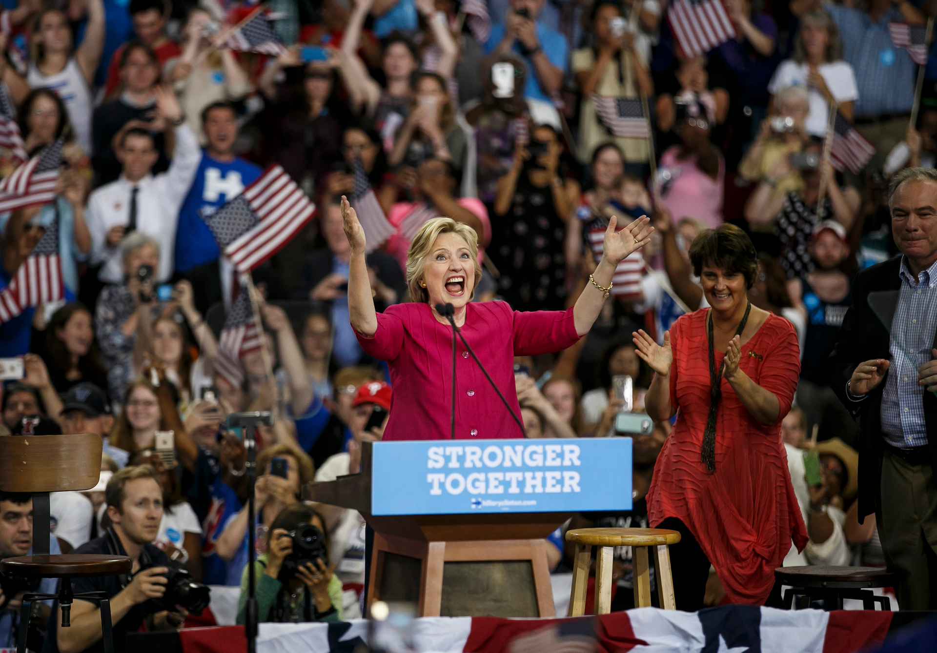 Hillary Clinton cheers enthusiastically at the crowd at her campaign rally at Temple University on July 29 in Philadelphia, Pa.