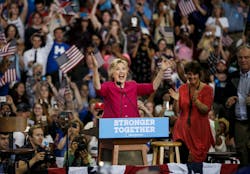 Hillary Clinton cheers enthusiastically at the crowd at her campaign rally at Temple University on July 29 in Philadelphia, Pa. Hillary Clinton cheers enthusiastically at the crowd at her campaign rally at Temple University on July 29 in Philadelphia, Pa.