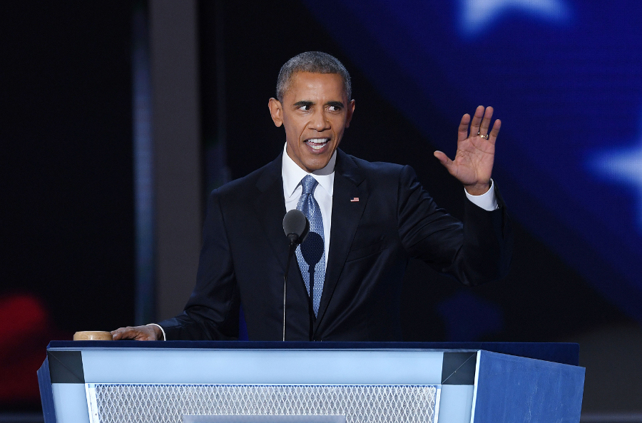 President Obama speaks during the third day of the Democratic National Convention at the Wells Fargo Center.