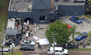 An aerial view of the mass shooting scene at Pulse nightclub in Orlando, Florida on June 12, 2016.