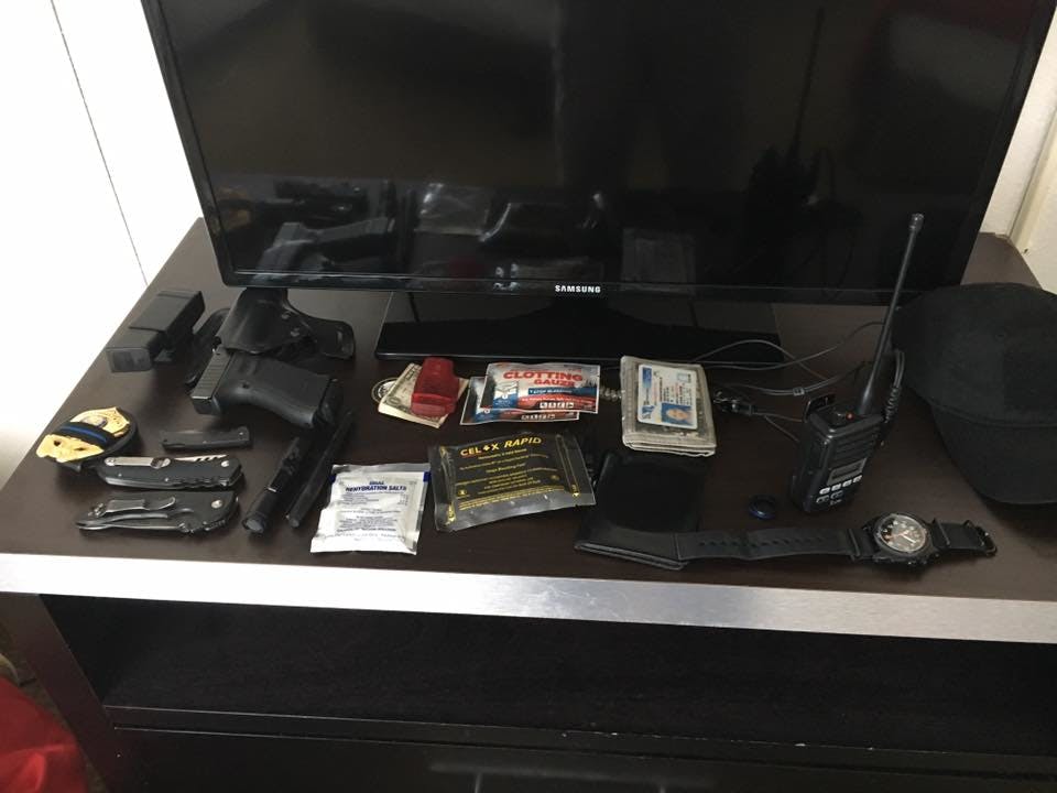 Daily Loadout: everything but the TV! Gun, spare mag, knives, credentials, badge, wallet, radio, watch, lighter, cash, flashlight, pen, hydration salts, hemostatic agent, pressure bandage, hat.