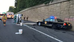 Maryland State Police Trooper Samuel Morris rescued a driver from a burning car after his cruiser was sideswiped Saturday morning. Maryland State Police Trooper Samuel Morris rescued a driver from a burning car after his cruiser was sideswiped Saturday morning.