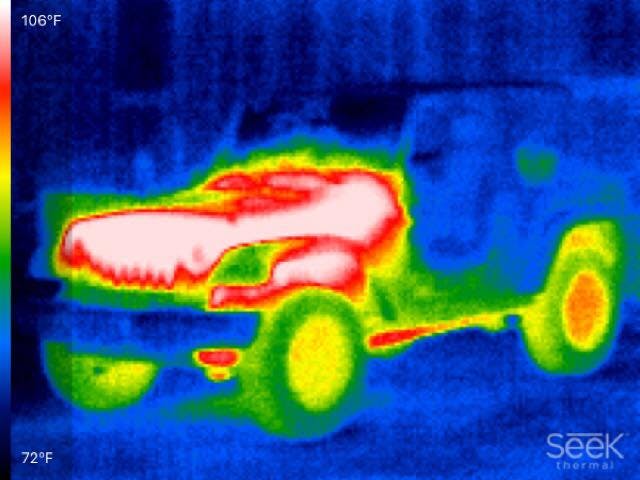This vehicle had only been parked for about a half hour. Notice the heat signatures visible from the exhaust underneath and the brakes/wheels in the back.