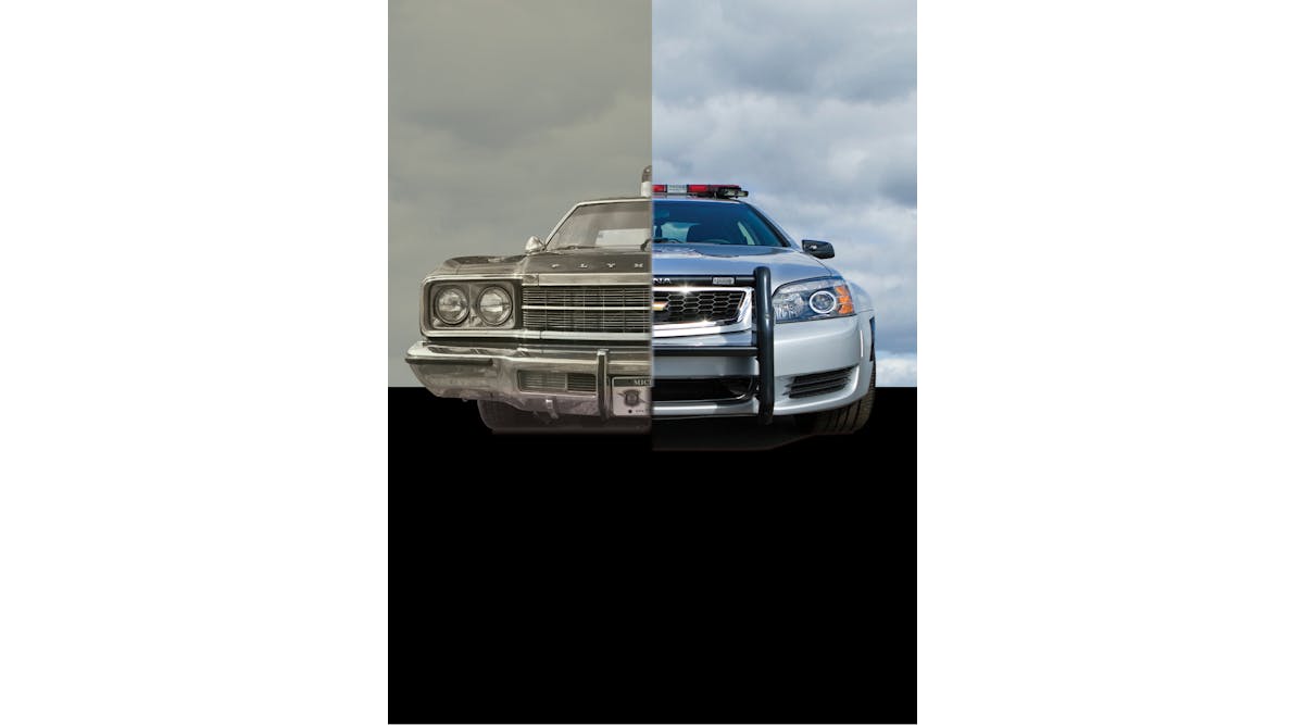 How far the patrol vehicle has come ... on left, the &ldquo;Last of the Dinosaurs&rdquo; a 1975 Plymouth Grand Fury. On right, the 2016 Chevrolet Caprice.