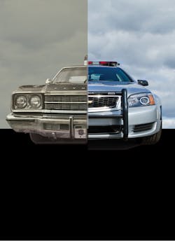 How far the patrol vehicle has come ... on left, the &ldquo;Last of the Dinosaurs&rdquo; a 1975 Plymouth Grand Fury. On right, the 2016 Chevrolet Caprice.
