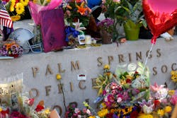 Mourners' flowers, cards, candles, notes and memorial items on October 10, 2016, at a memorial for two slain Palm Springs, Calif., police officers Lesley Zerebny, a new mom with a 4-month-old baby girl, and officer Jose 'Gil' Vega, who was planning on retiring after a 35-year career with the department. Mourners' flowers, cards, candles, notes and memorial items on October 10, 2016, at a memorial for two slain Palm Springs, Calif., police officers Lesley Zerebny, a new mom with a 4-month-old baby girl, and officer Jose 'Gil' Vega, who was planning on retiring after a 35-year career with the department.