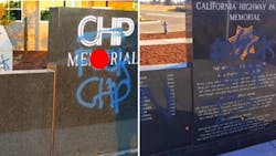 Officials said that blue paint was used to scrawl obscene language across the memorial and perimeter walls outside a new office in Bakersfield on Tuesday. Officials said that blue paint was used to scrawl obscene language across the memorial and perimeter walls outside a new office in Bakersfield on Tuesday.
