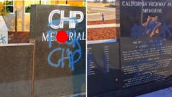 Officials said that blue paint was used to scrawl obscene language across the memorial and perimeter walls outside a new office in Bakersfield on Tuesday.