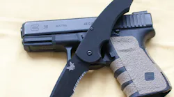Three for on in a photo: A Glock 38 sporting Talon Grips and accompanied by a Benchmade knife. A winning team up!