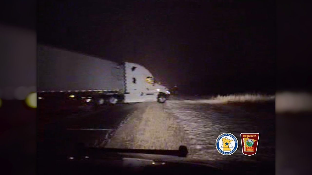 MSP Dashcam: Semi Loses Control, Nearly Hits Two State Troopers in Inver Grove Heights
