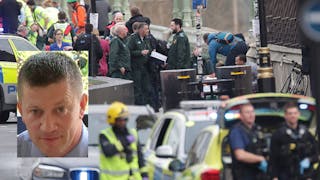 Emergency personnel close to the Palace of Westminster, London, after an officer was stabbed and his attacker was shot by officers in a major security incident at the Houses of Parliament. Photo of Officer Keith Palmer is seen inset.