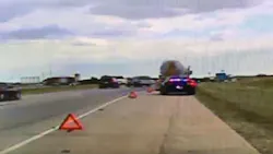 A newly released dashboard camera video shows an Oklahoma Highway Patrol trooper's close call. A newly released dashboard camera video shows an Oklahoma Highway Patrol trooper's close call.