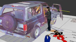 The crime scene recreation image shows 3ds Max software with the point cloud being created with a FARO Laser Scanner and processed in FARO SCENE software.